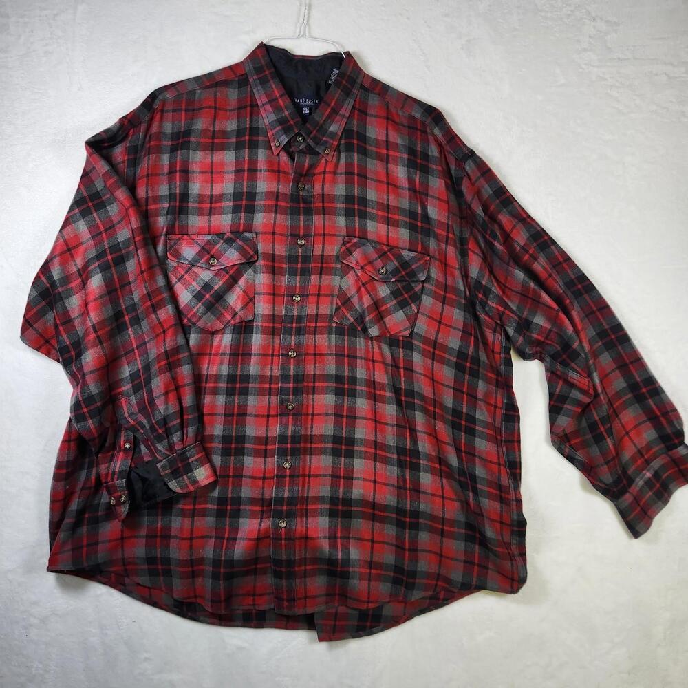 Van Heusen Flannel Shirt 2XLT Red‎ Black Gray Plaid Button Front Big Tall Casual